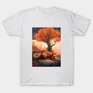 Tranquil Fox Slumber under Orange Sky T-Shirt